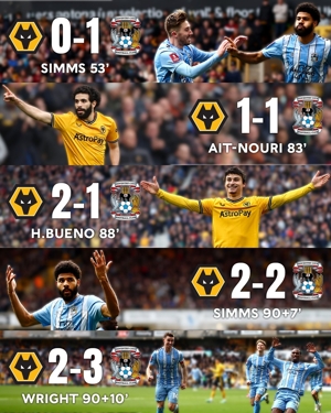 Hấp dẫn! Coventry 3-2 Wolves tiến vào bán kết. Coventry giành chiến thắng ở phút 88. Coventry ghi 2 bàn ở phút bù giờ để giành chiến thắng.